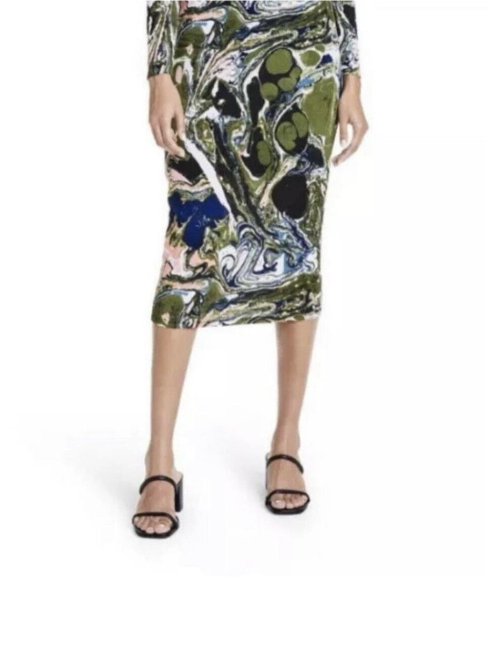 Rachel Comey Green Marble-Print Pencil Skirt with Blue and Pink Accents